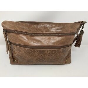 The Sak Floral Embossed‎ Tobacco Leather Shoulder Bag Western Boho 3 Zipper